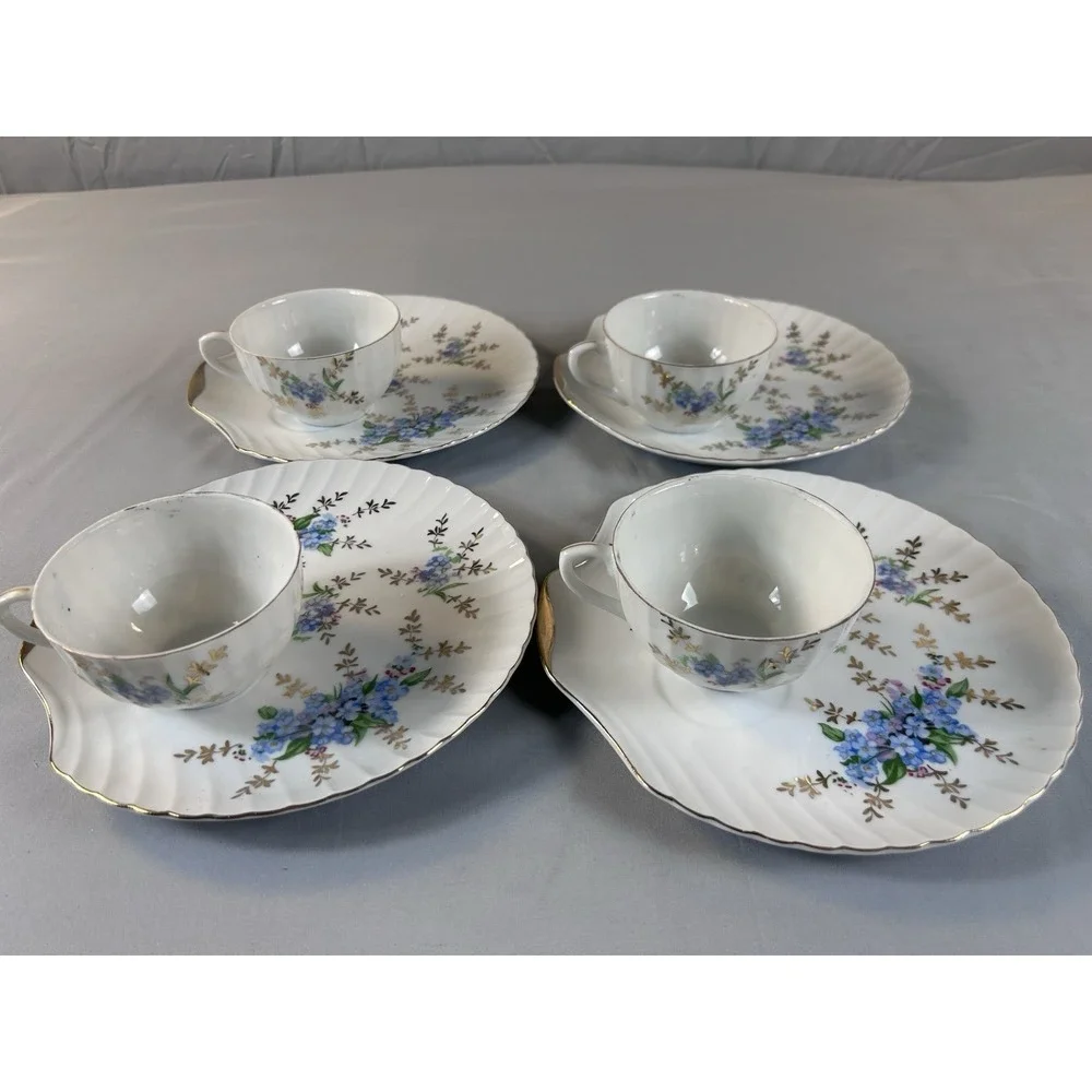 Vintage Japan Tea Cup Saucer Set 4 Blue Floral‎ Gold Trim Scalloped